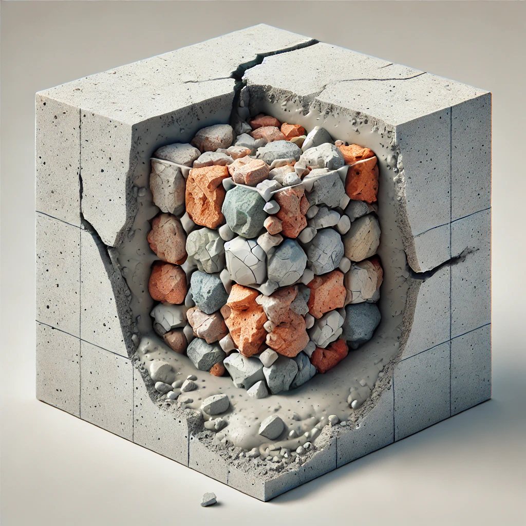 Cutaway concrete block revealing aggregate and cracking